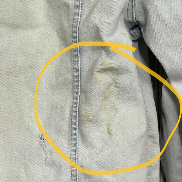 y2k 2000s Arizona Jeans Men Denim Jacket Size M Light Blue Camo Sleeves STAINS - Picture 3 of 6